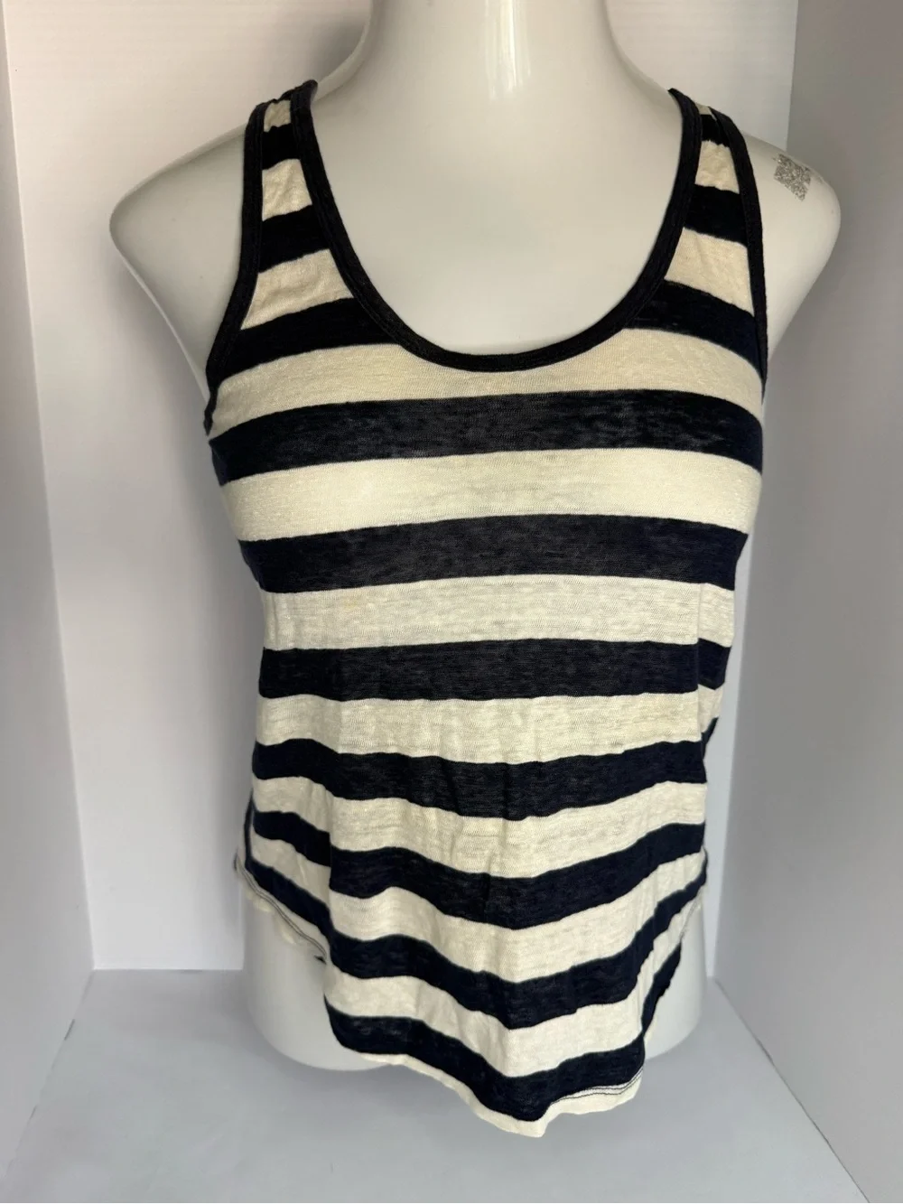J. Crew 100% linen Navy and Cream Striped Scoop Neck Tank